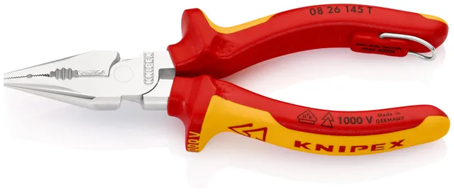 knipex-08-26-145-t-bk-spitz-kombizange-verchromt-vde-mit-absturzsicherung image 1