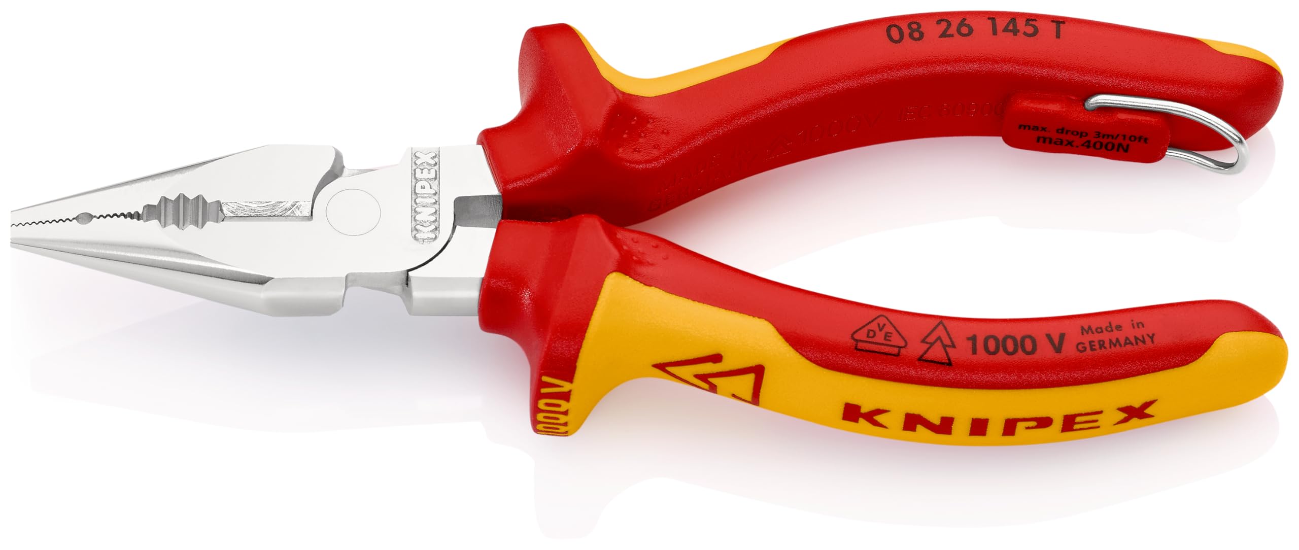 knipex-08-26-145-t-bk-spitz-kombizange-verchromt-vde-mit-absturzsicherung image 1